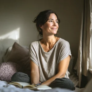 mujer en sus 50s sonriendo mirando a una ventana