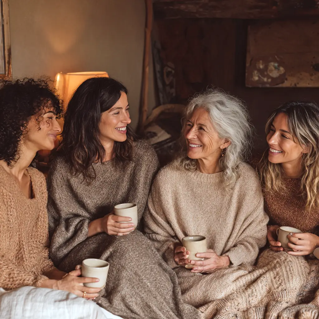 Grupo de mujeres de diversas edades conversando y apoyándose mutuamente, representando la importancia de la comunidad y la red de apoyo para transitar el climaterio.