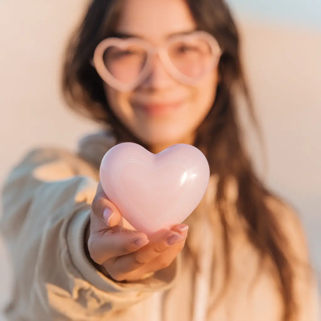 Una mujer celebra el amor consciente con un corazón entre sus manos, una idea para regalos sostenibles para ella.
