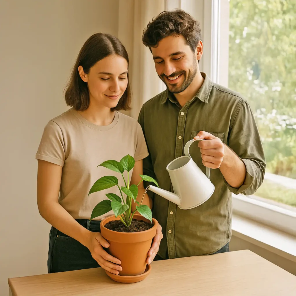 Pareja cuidando una planta en maceta de barro, rodeada de luz natural.