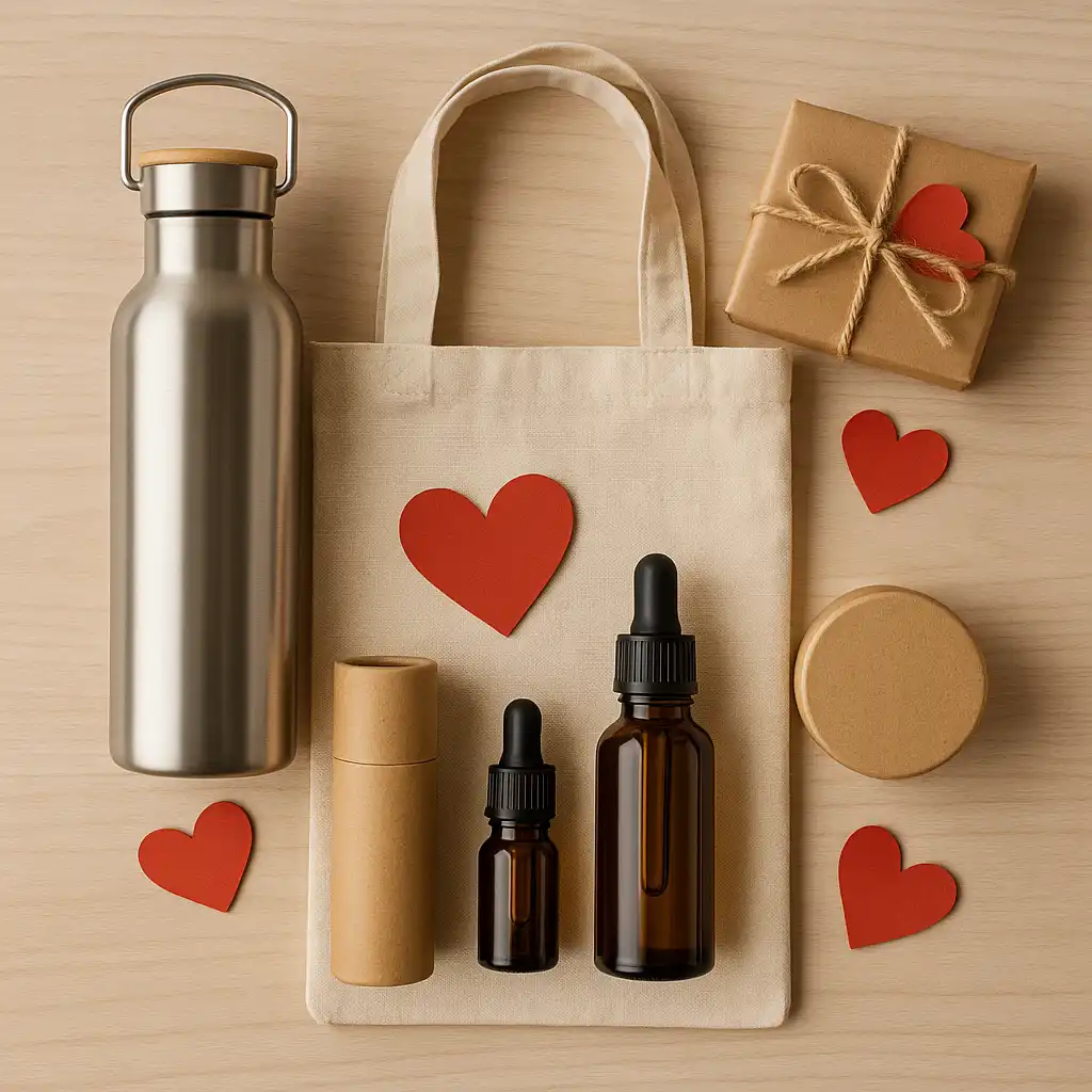 Regalos prácticos eco-friendly: botella reutilizable, bolsa de tela y cosméticos naturales.