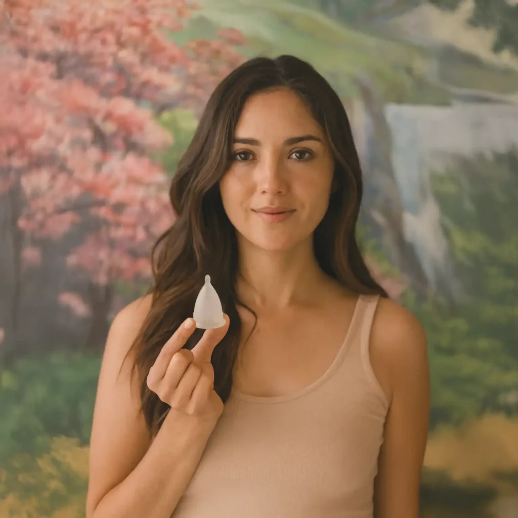 Mujer empoderada mostrando su copa menstrual Angelcup como un gesto de elección por una menstruación sostenible y libre.