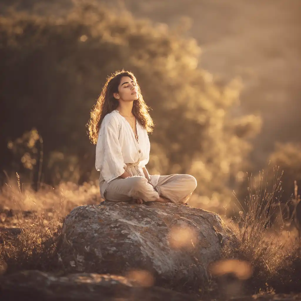 Mujer joven reflexionando sobre su salud ginecológica en un entorno natural. Mujer joven practicando el autocuidado para la salud menstrual y prevención del cáncer.