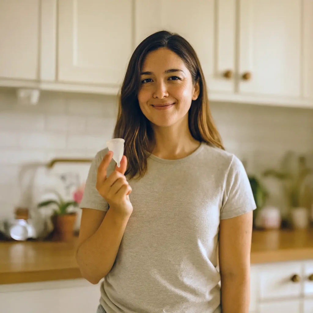 Mujer usuaria de Angelcup sosteniendo su copa menstrual compartiendo su experiencia positiva con copa menstrual. Testimonio de una usuaria de Angelcup sobre la importancia de la prevención del cáncer