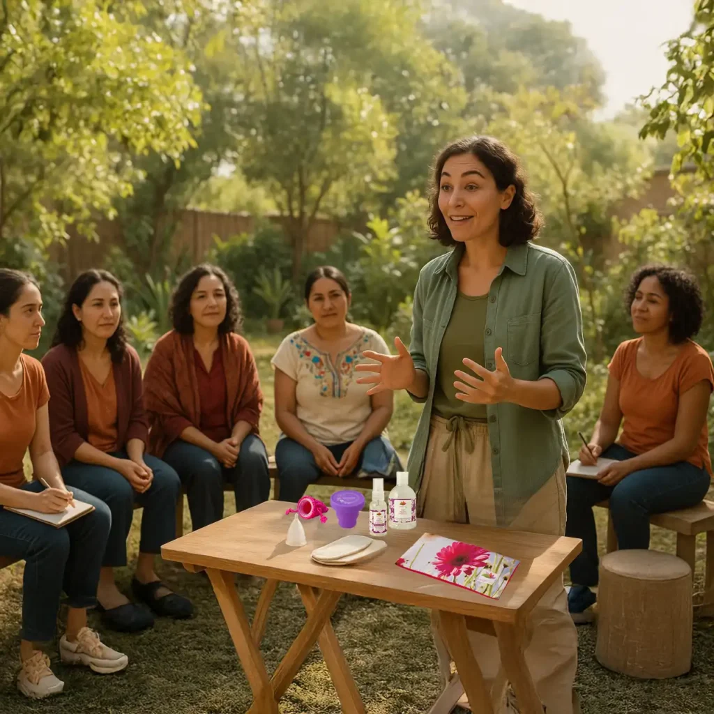 Taller educativo sobre menstruación sostenible con copas Angelcup como parte de un programa de educación ambiental para jóvenes. Comunidad de mujeres aprendiendo sobre menstruación ecológica y los beneficios de la copa menstrual sostenible en un taller.