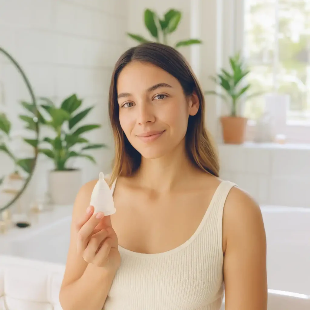 Mujer joven sosteniendo su copa menstrual Angelcup, demostrando la facilidad de una higiene menstrual que promueve el ahorro de agua.