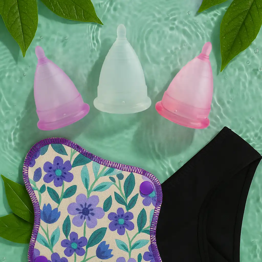 Comparativa de productos para una menstruación sostenible: copa menstrual Angelcup junto a toallas de tela, destacando el ahorro de agua.