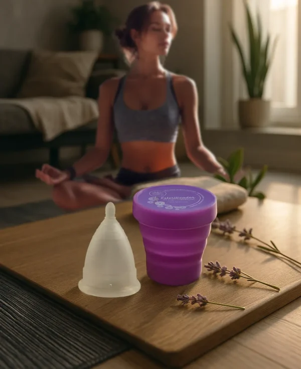 Usuaria de Angelcup en un momento de paz durante su menstruación, mostrando la comodidad de la copa menstrual.