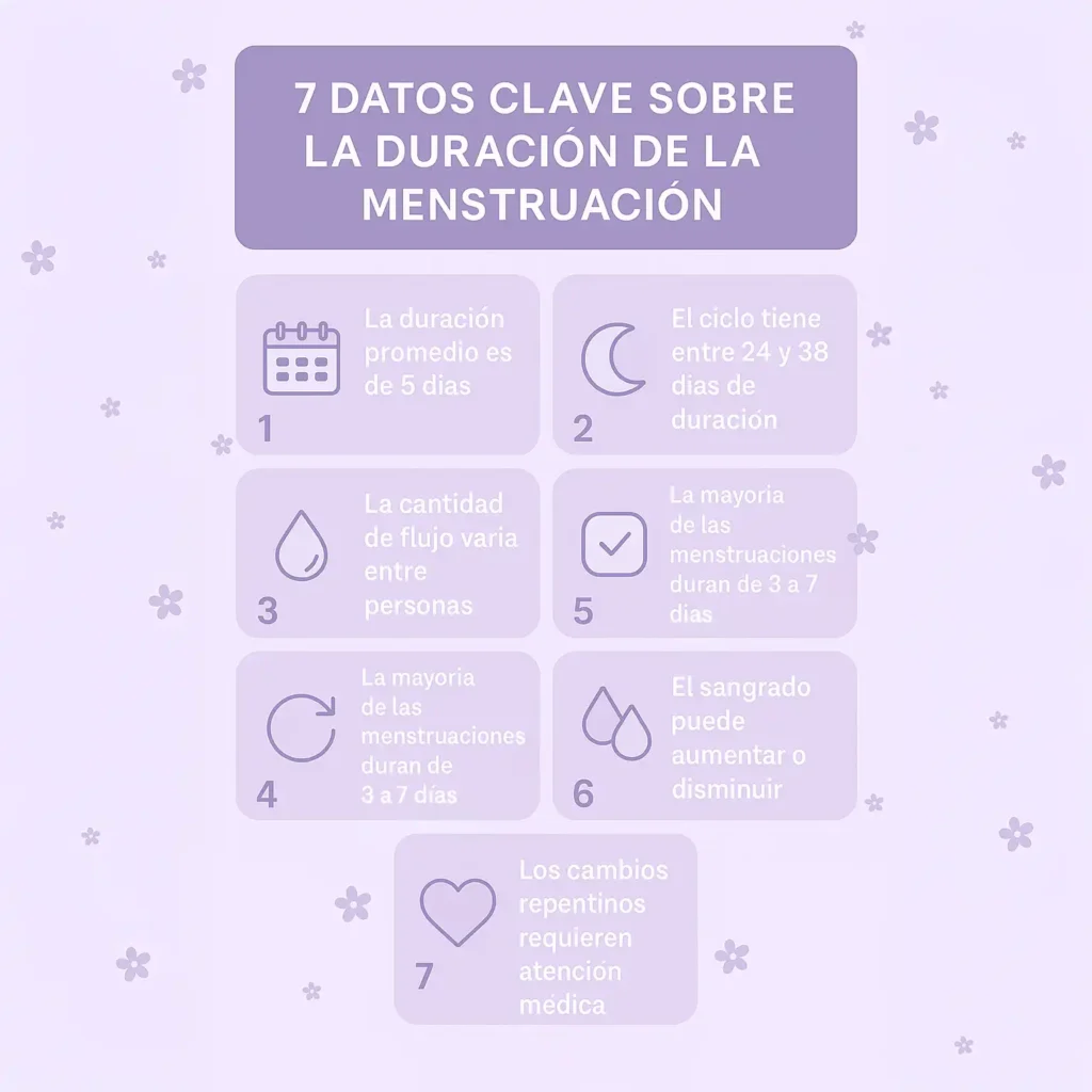 Una infografía tipo tarjeta visual de “7 datos clave sobre la duración de la menstruación”, con íconos suaves, fondo lavanda claro, texto blanco y flores pequeñas. Ideal para compartir en Pinterest o guardar en el celular.