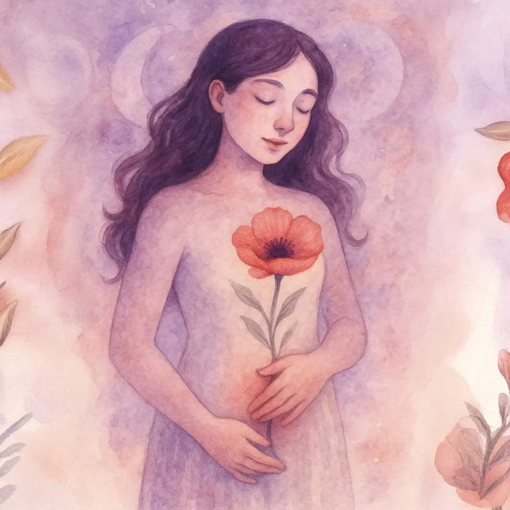 Mujer conectando con su ciclo menstrual, una flor brota de su vientre simbolizando una menstruación saludable.