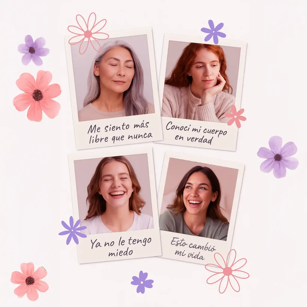 Collage estilo polaroid con retratos simbólicos de mujeres en distintas edades y emociones (serenidad, reflexión, alegría) + frases destacadas de sus testimonios en estilo manuscrito o rotulado suave. Fondo blanco con flores lila y coral dispersas.