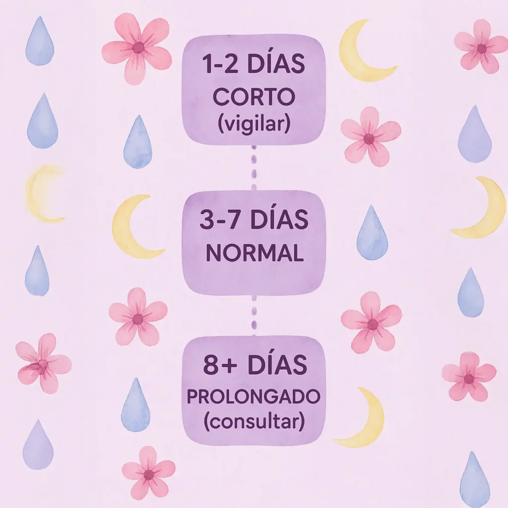 Infografía explicando la duración normal de la menstruación: 3 a 7 días, y los rangos corto y prolongado del ciclo menstrual.