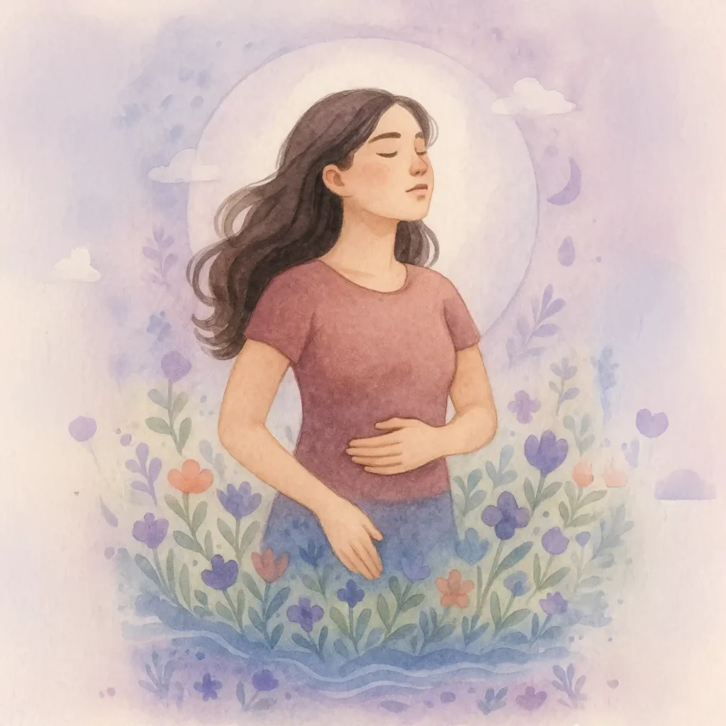 Ilustración simbólica de una mujer respirando profundamente con la mano sobre su vientre, de pie sobre un paisaje de flores o aguas que fluyen. El fondo puede tener formas circulares, representando el ciclo.