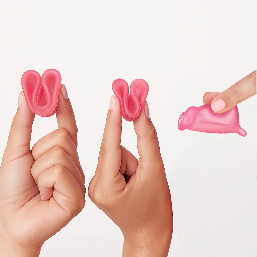 fotografía educativa de manos mostrando cómo ponerse la copa menstrual con los pliegues en C, Punch-Down y en V para una fácil inserción.