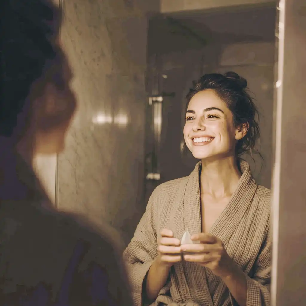 Mujer sonriendo frente al espejo con la copa en la mano, en un baño cálido. Transmite confianza después de un intento exitoso de colocación