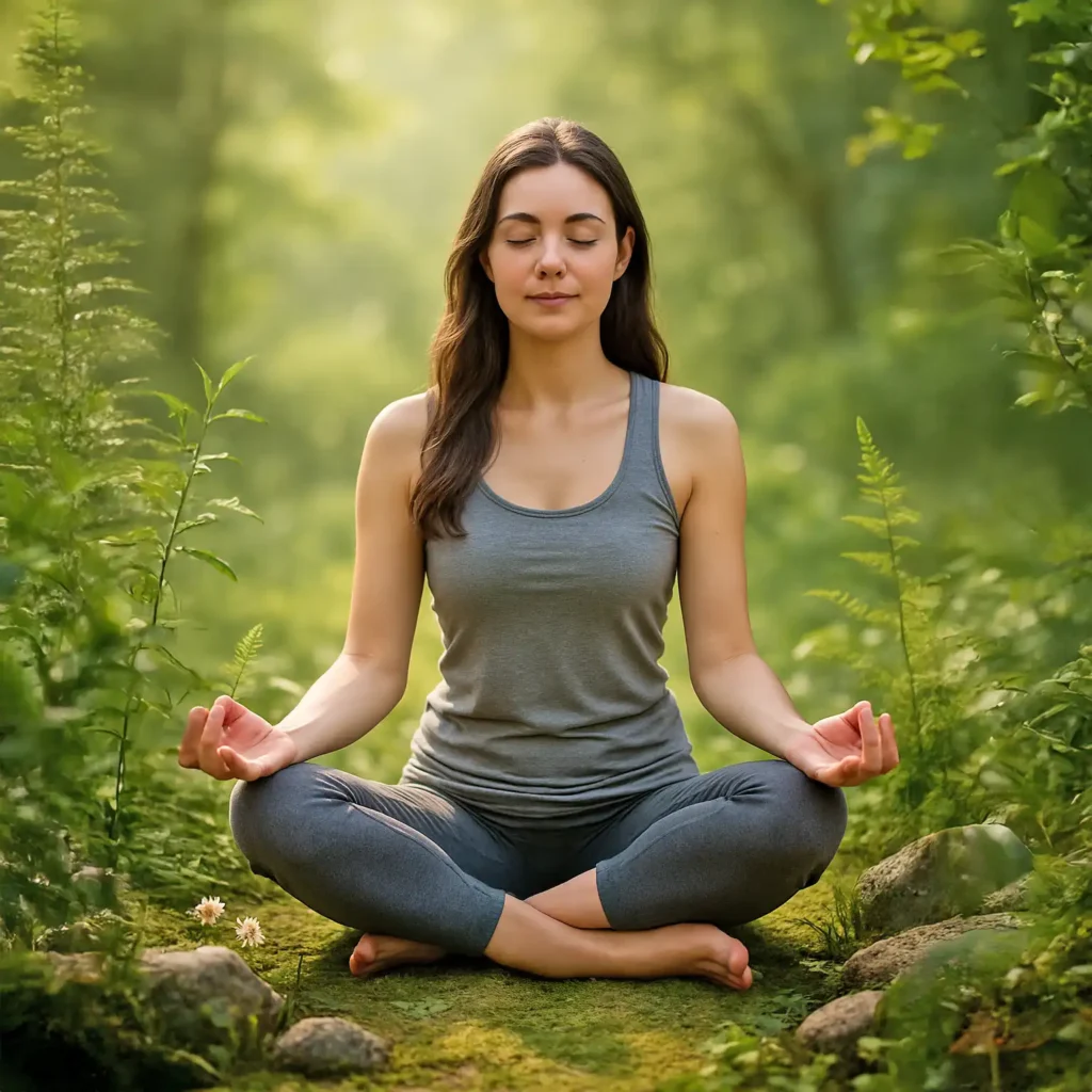 Mujer meditando como práctica de autocuidado sostenible y bienestar femenino.
