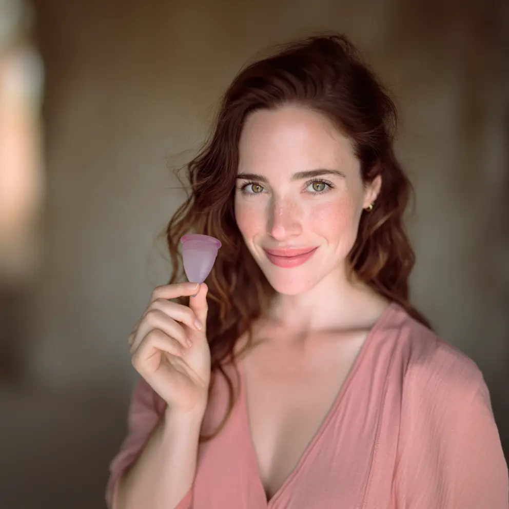 chica sosteniendo copa menstrual angelcup