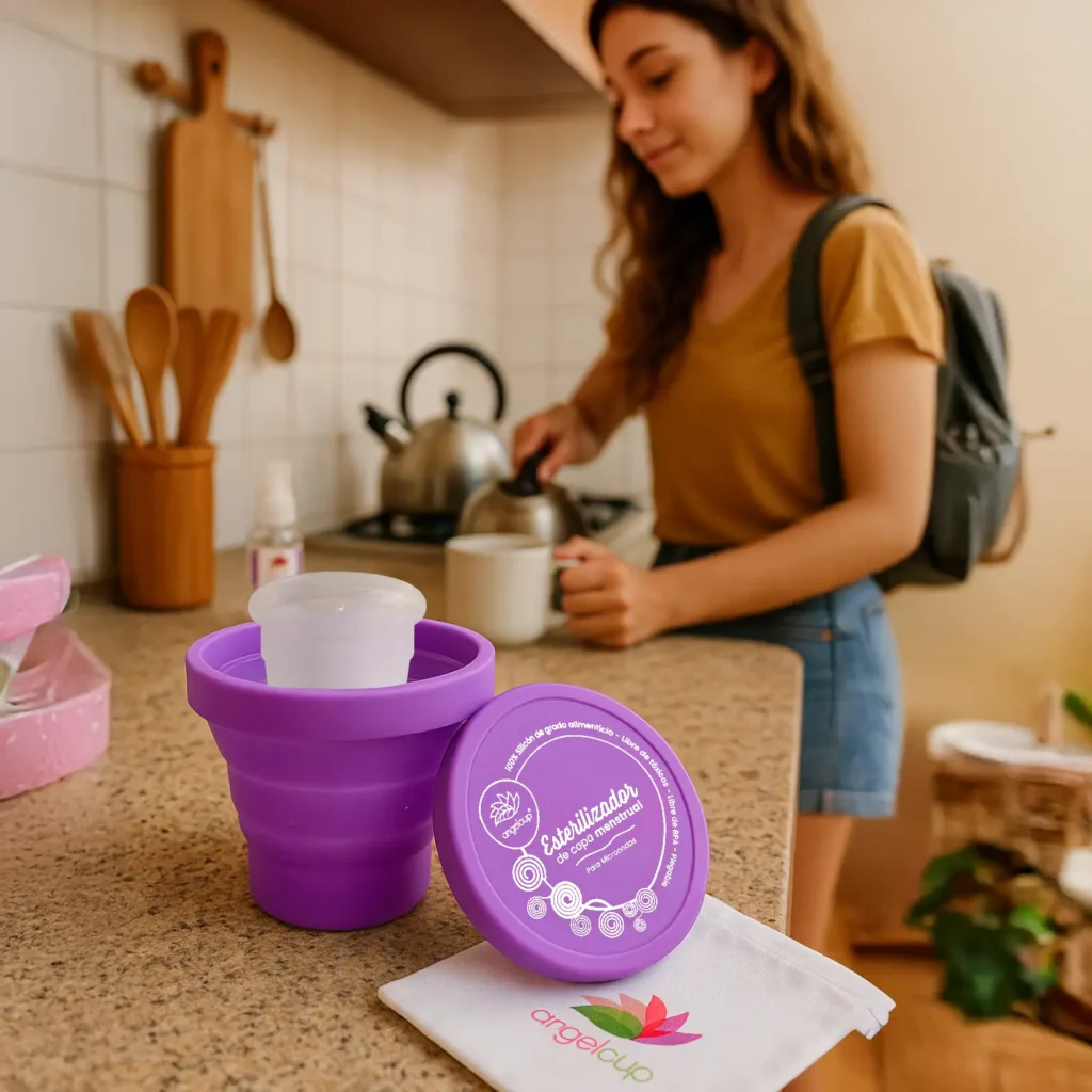 copa menstrual en vaso esterilizador con mujer en cocina de hostal