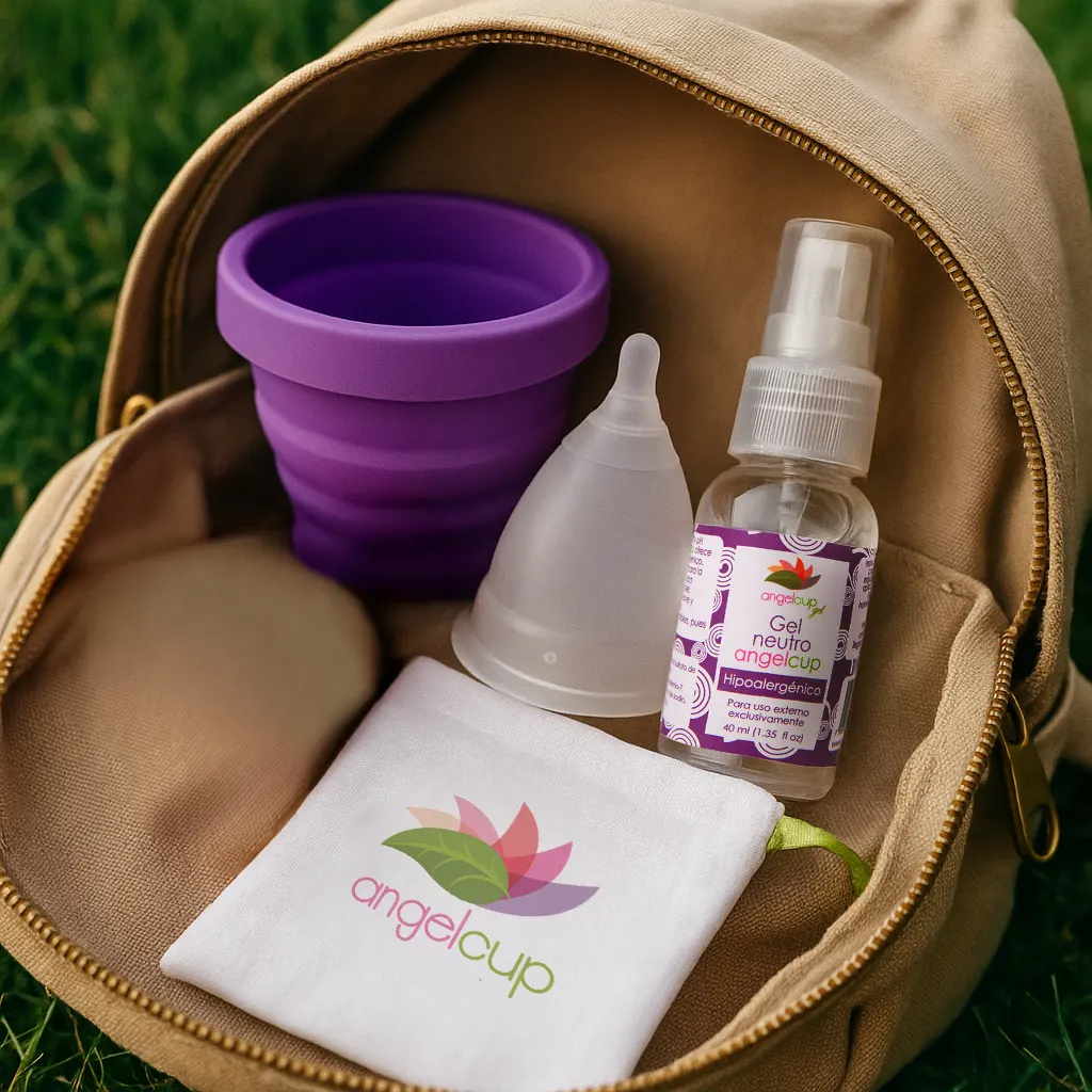 copa menstrual, vaso esterilizador, Gel Neutro ANgelcup y bolsita de tela dentro de mochila