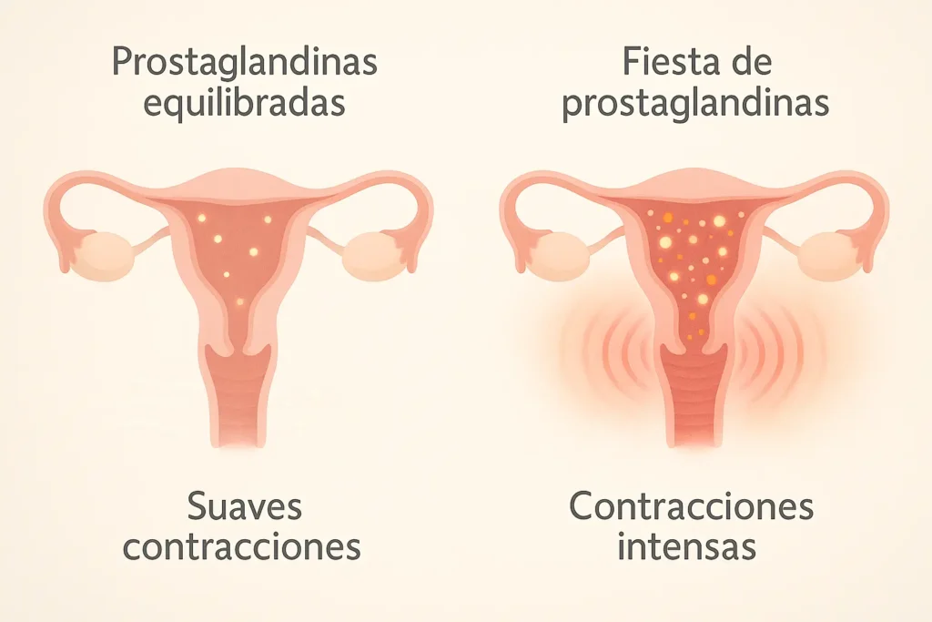 Diagrama explicando cómo las prostaglandinas causan cólicos menstruales