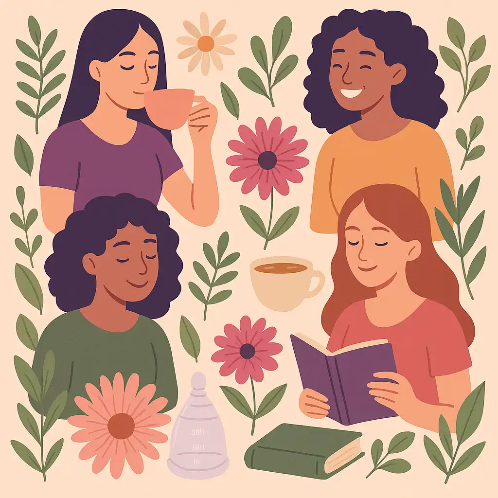Composición visual sobre el autocuidado femenino, con elementos de la naturaleza que invitan al bienestar integral.