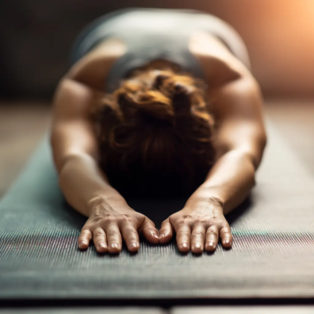 mujer haciendo yoga, manos en primer plano
