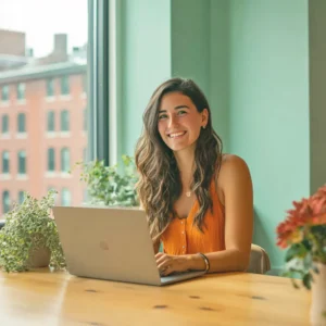muje trabajando en computadora sentada en una mesa