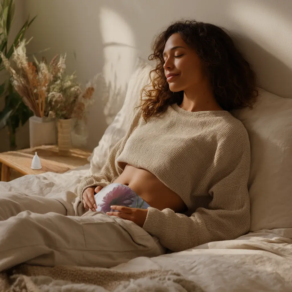 mujer descansando con cojin anticólicos y copa menstrual su mesita