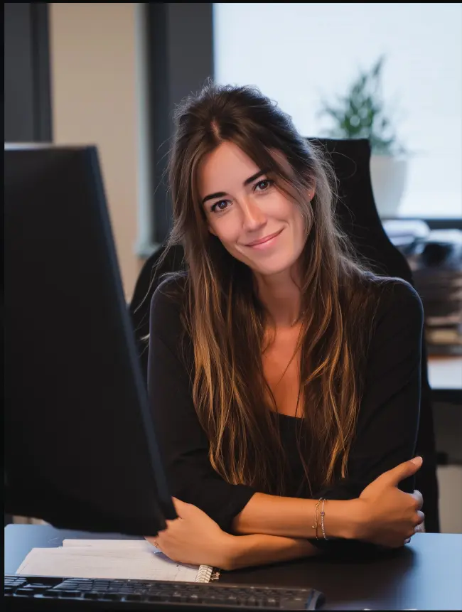 mujer confiada en su escritorio