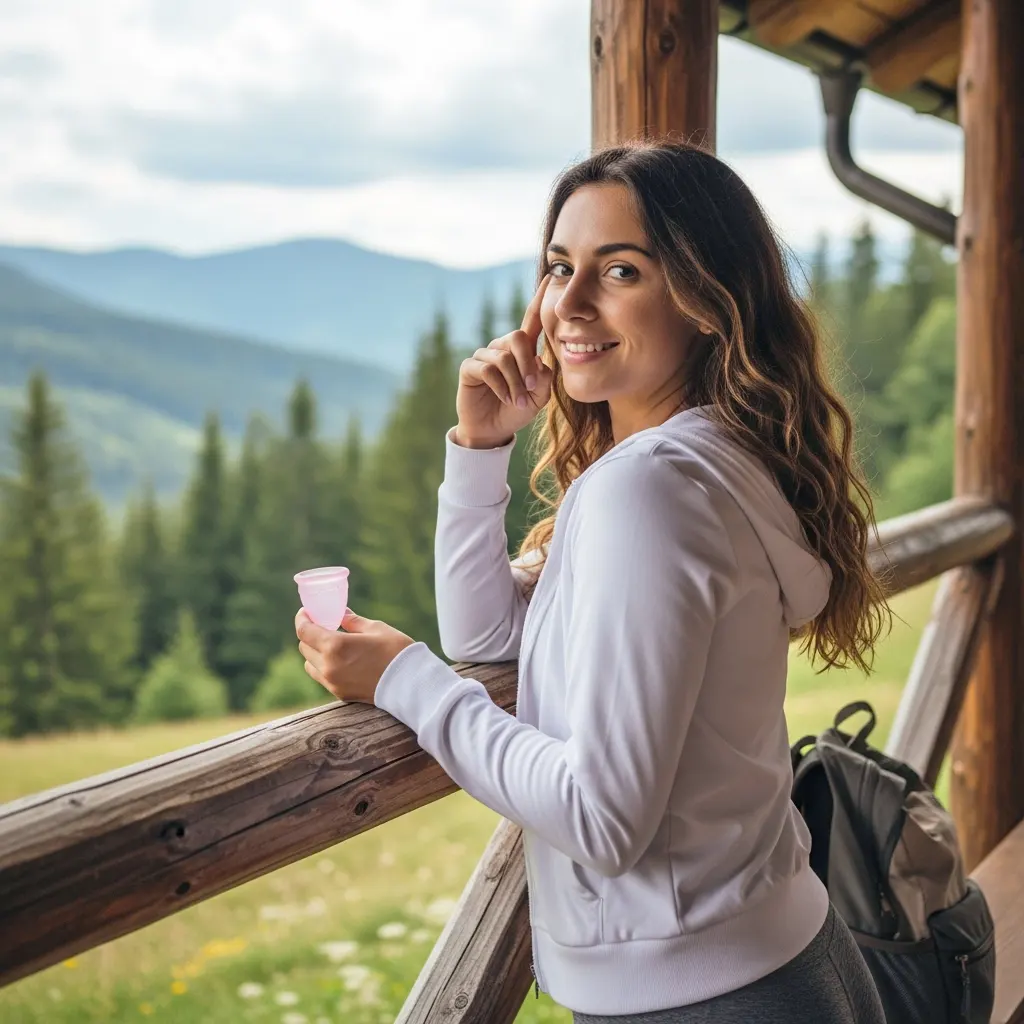 mujer con copa menstrual sonriendo en mirador de madera