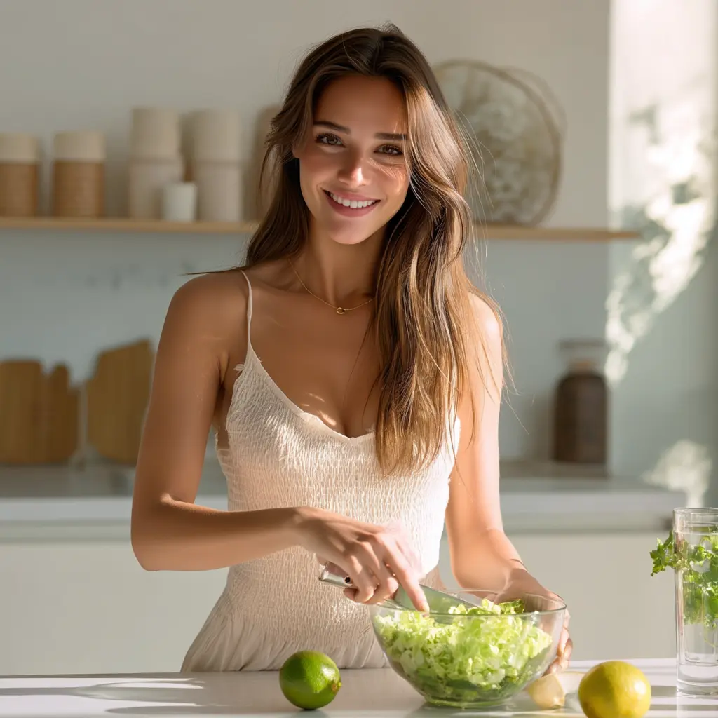 mujer sonriente preparando ensalada