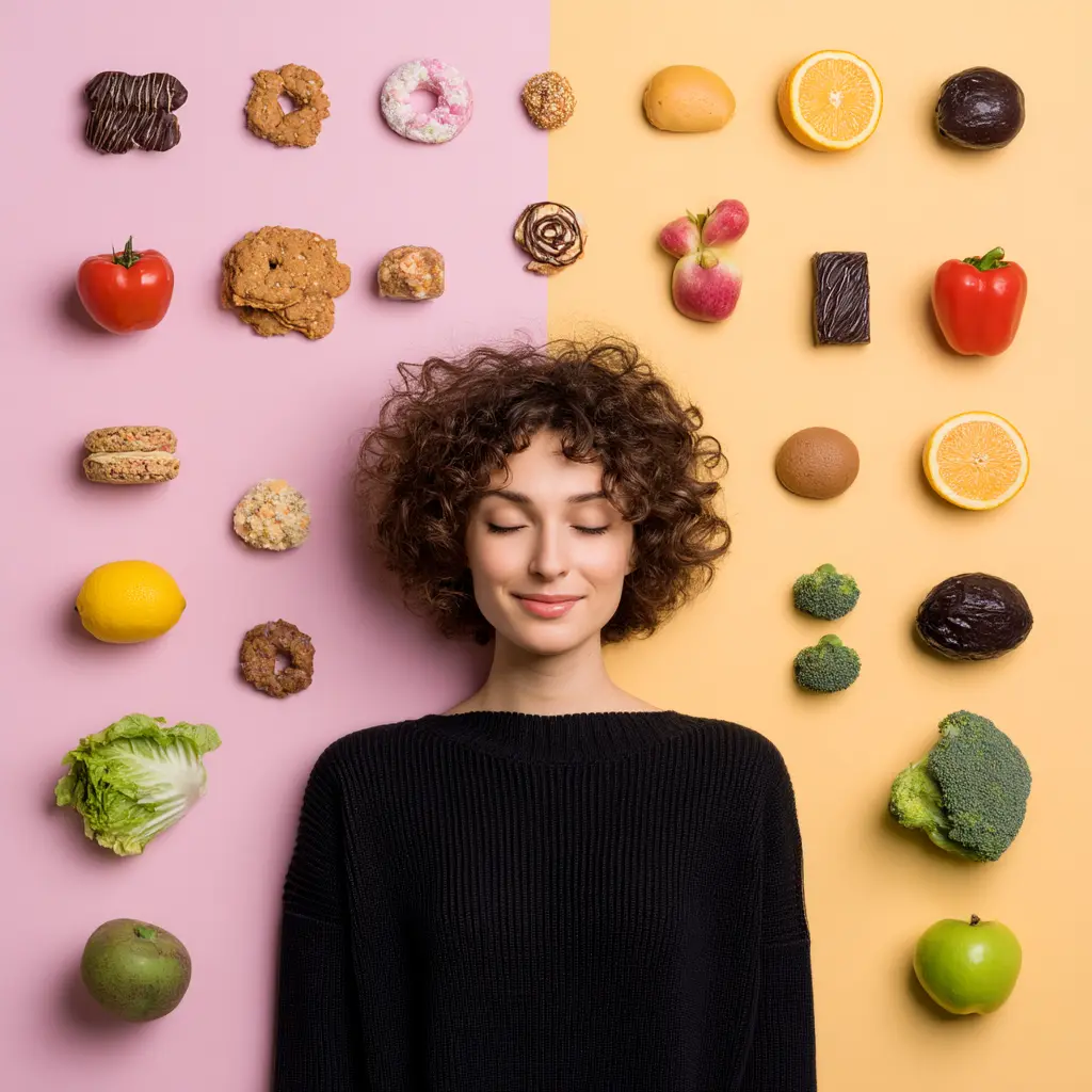 mujer rodeada de alimentos cuidándose de la diabetes