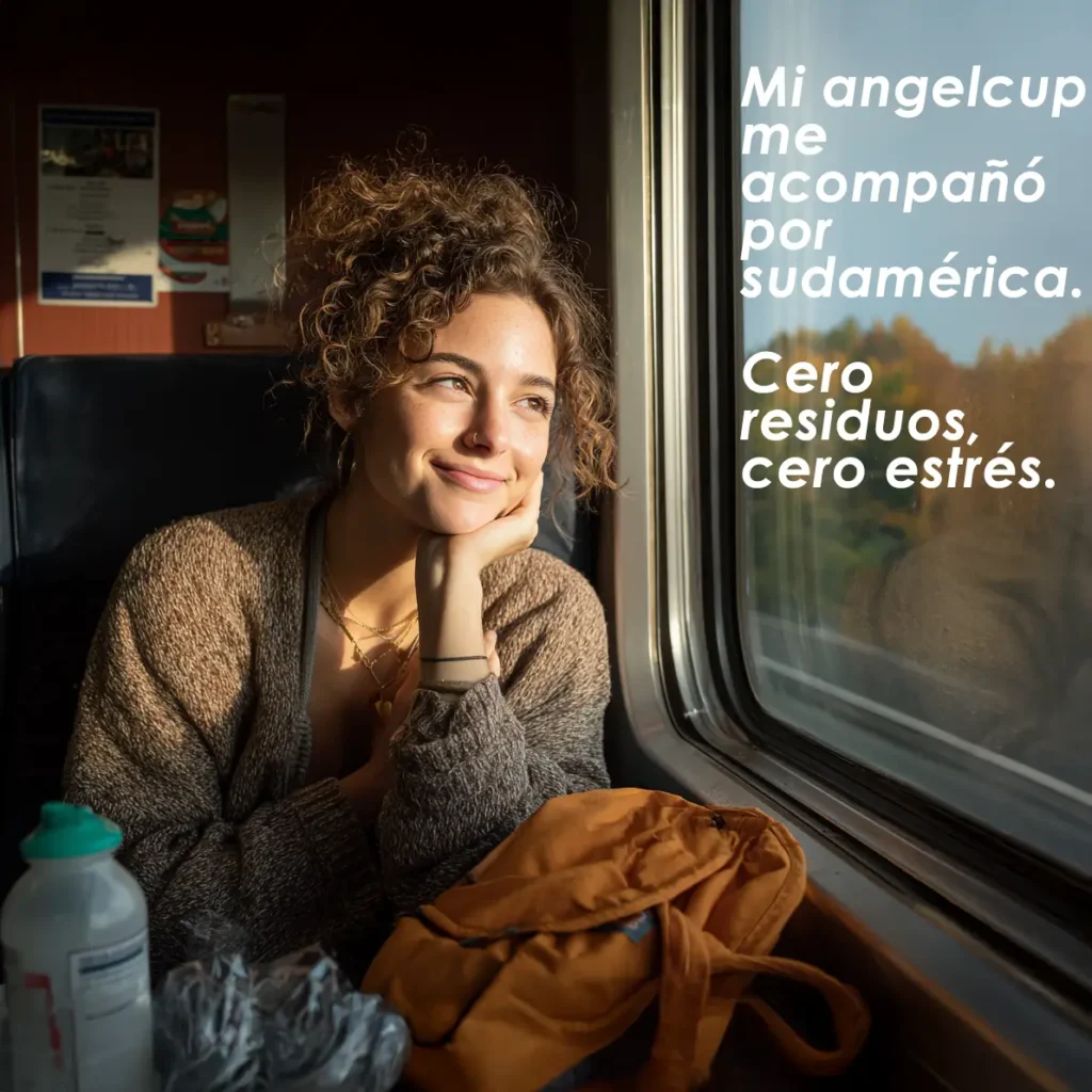 mujer sonriente mirando por la ventana del tren con letrero mi angelcup me acompañó por sudamérica
