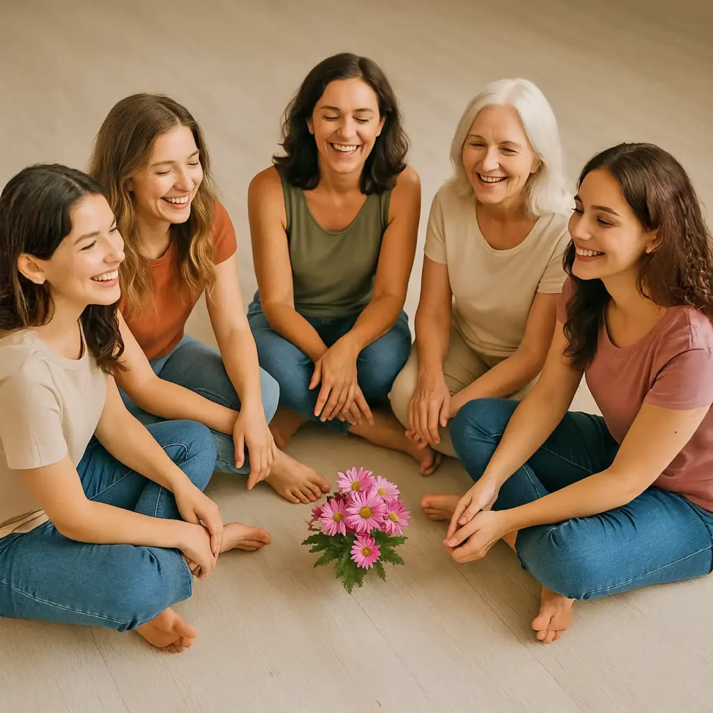 Grupo de mujeres en un círculo de sororidad, compartiendo en una actividad por el Día Internacional de la Mujer.