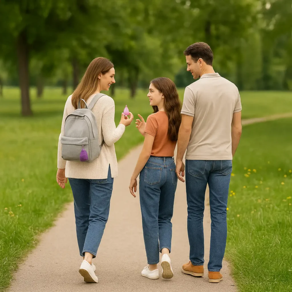 Familia disfrutando de un día al aire libre, donde la comodidad de las copas menstruales para mamás permite vivir sin interrupciones.