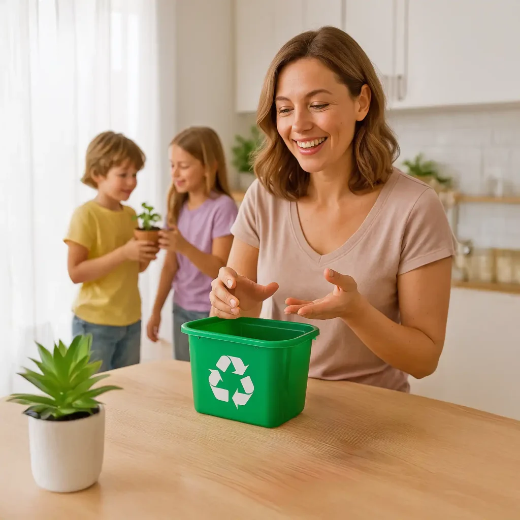 Mamá consciente enseña a sus hijos sobre sostenibilidad, un valor clave al elegir copas menstruales para mamás en lugar de desechables.