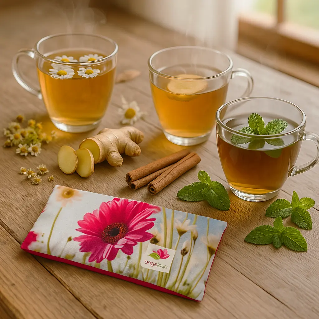 Tazas de té de hierbas y Cojín Anticólicos Angelcup para aliviar el dolor menstrual