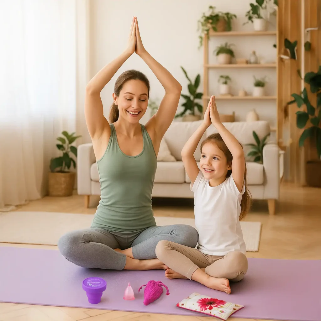 Mujer practicando yoga con su hija, mostrando la libertad de movimiento que ofrecen las copas menstruales Angelcup para mamás activas.