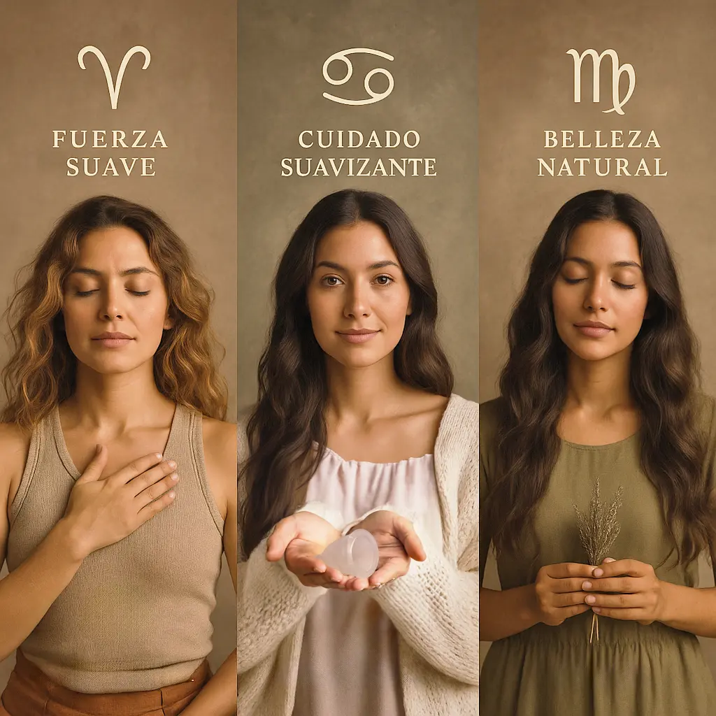Representación de los arquetipos zodiacales femeninos y su influencia en el ciclo menstrual, explicado por Angelcup.