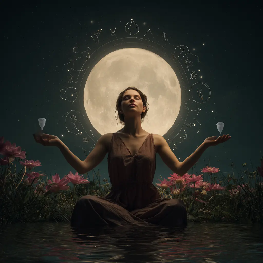 Mujer conectando con su energía femenina a través de la meditación y su calendario menstrual astrológico Angelcup.