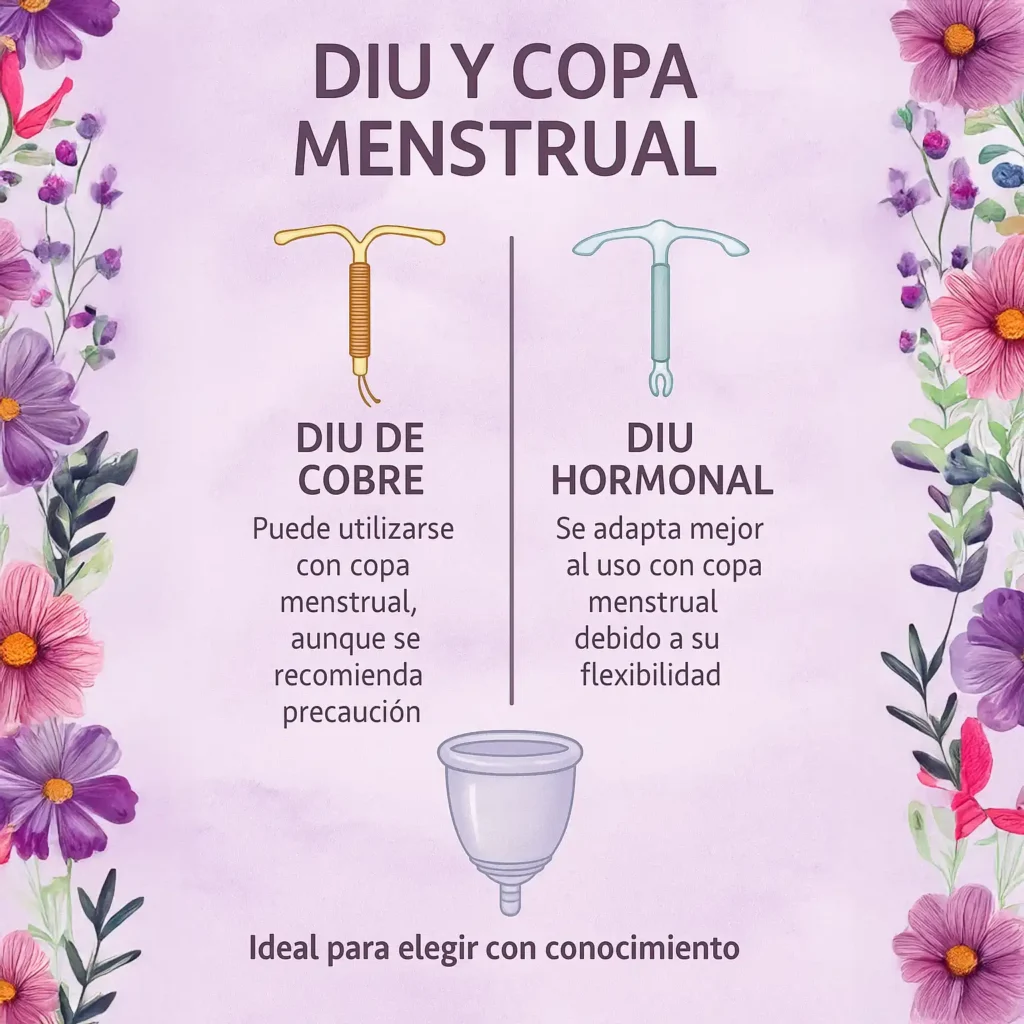 Infografía visual que explica las diferencias entre ambos tipos de DIU y cómo se adaptan al uso con copa menstrual. Ideal para elegir con conocimiento.