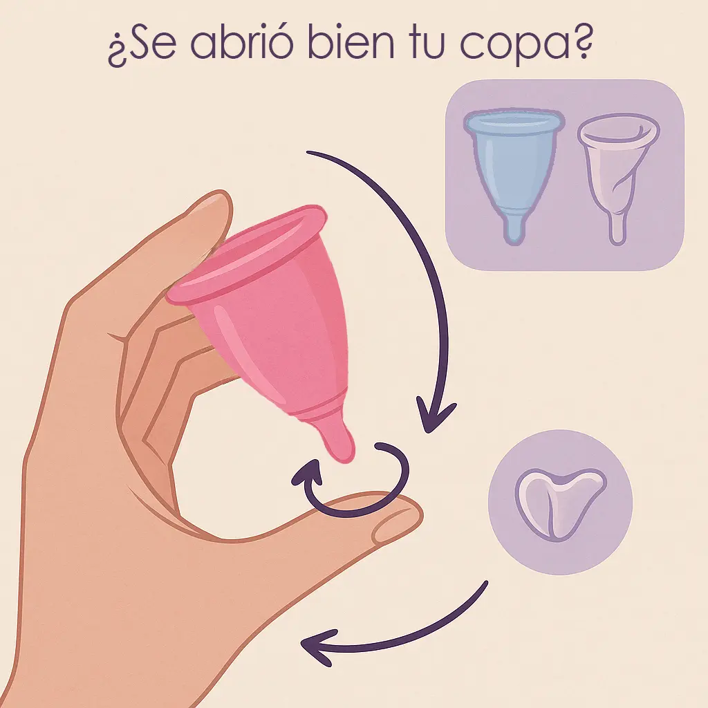 cómo evitar fugas con la copa menstrual Diagrama de mano indicando cómo girar la copa para que abra bien y evitar fugas