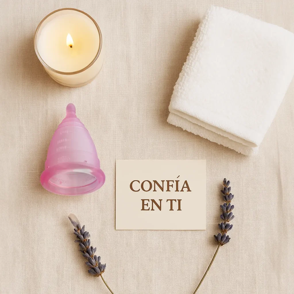 Copa menstrual Angelcup junto a una vela y un letrero que dice 'confía en ti', simbolizando la seguridad al aprender a quitarla.