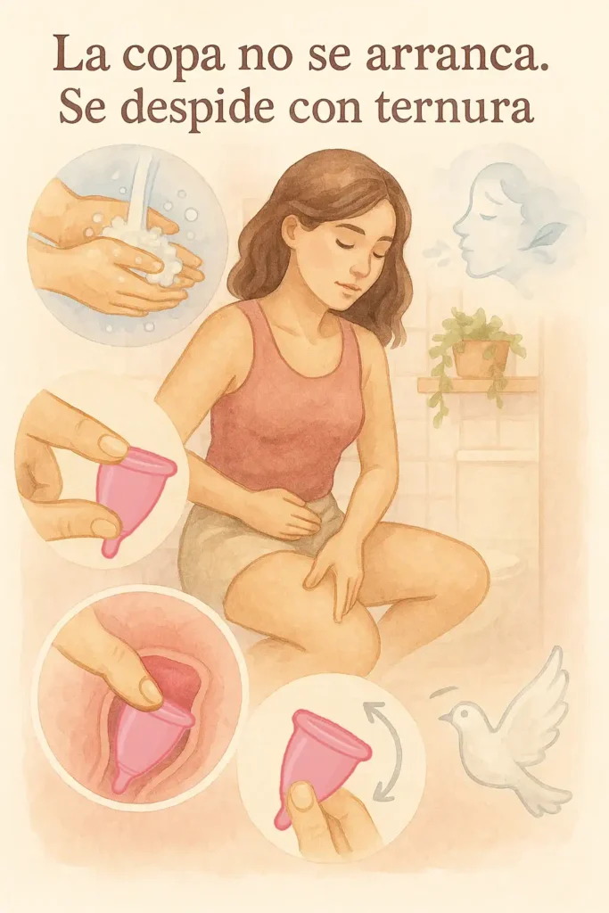 Ilustración paso a paso de cómo quitar la copa menstrual Angelcup sin dolor, pellizcando la base para romper el vacío.