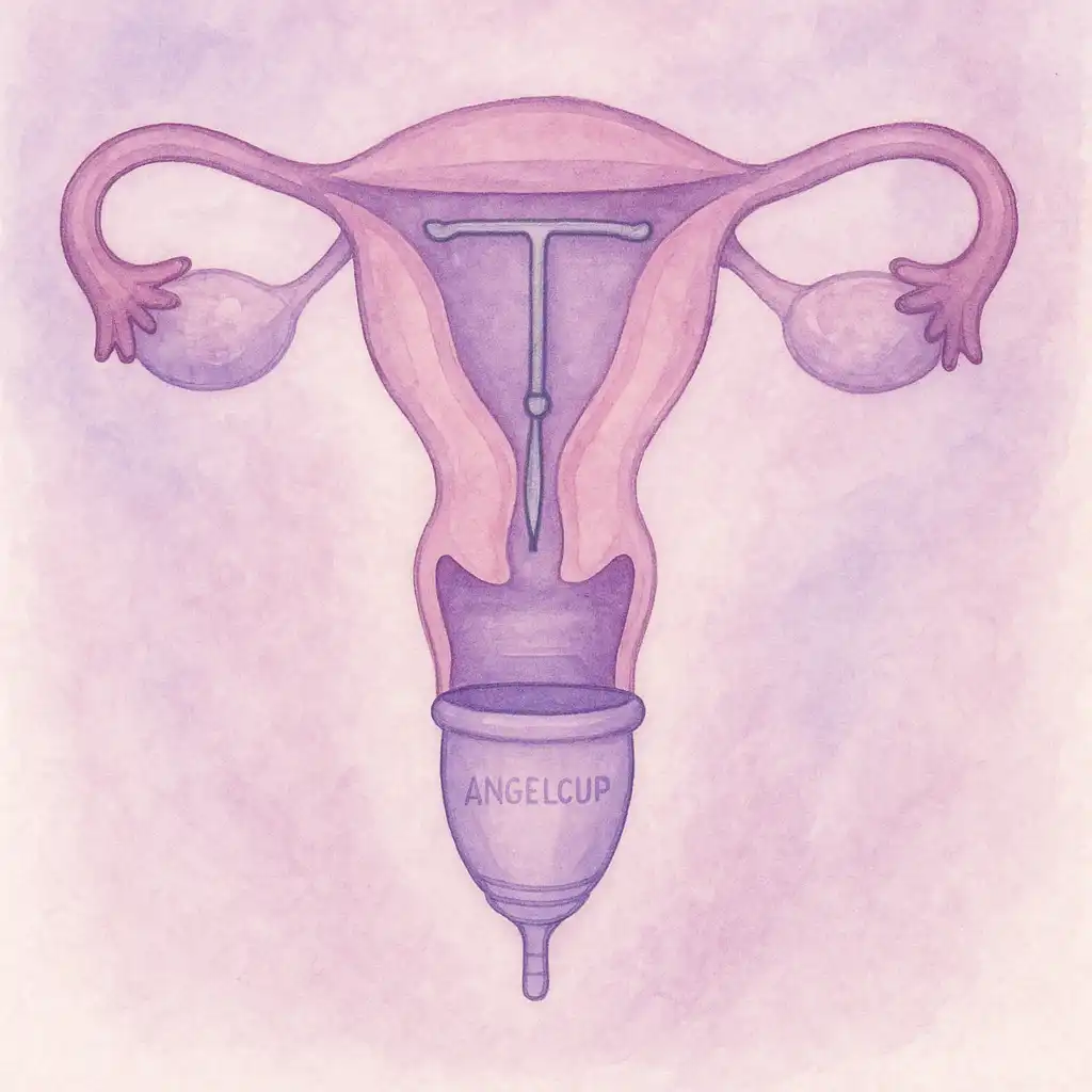 Ilustración clara y respetuosa del útero mostrando la correcta coexistencia de los dispositivos. Ideal para entender la relación entre la copa menstrual y el DIU