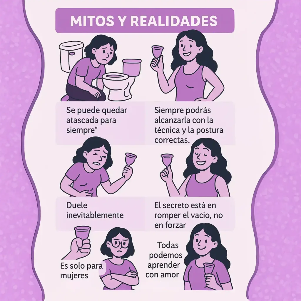 Infografía de mitos y realidades sobre cómo quitar la copa menstrual, desmintiendo el miedo a que se quede atorada o duela