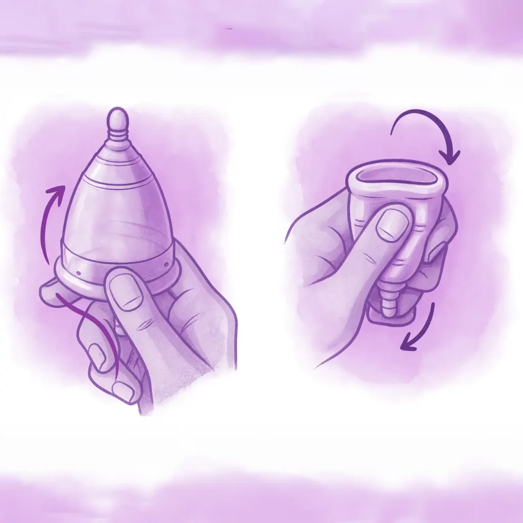 Secuencia visual que muestra cómo presionar suavemente la base de la copa Angelcup para liberar el vacío antes de extraerla, minimizando cualquier riesgo para el DIU. Una guía gráfica para una práctica segura.