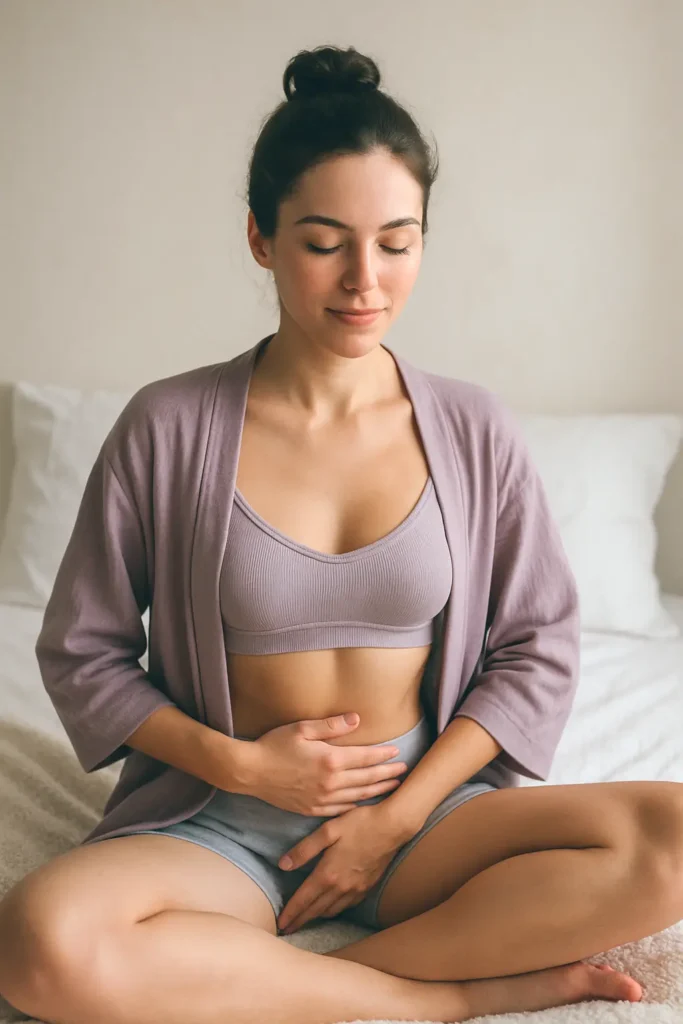 Mujer meditando y tocando su vientre, representando la importancia de relajar el piso pélvico para quitar la copa menstrual.