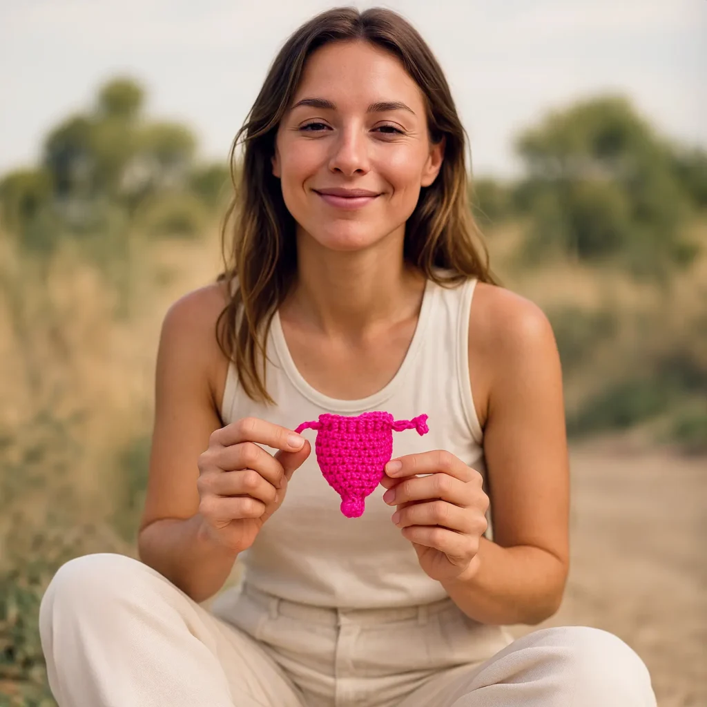 mujer sonriente sentada en el suelo sosteniendo bolsita útero