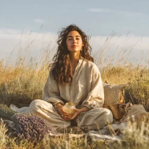 mujer sentada en la pradera conectada con su menstruación sostenible